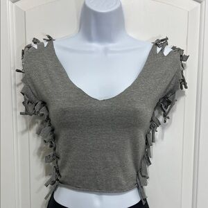 Upcycled Gray Fringe Short Sleeve Top